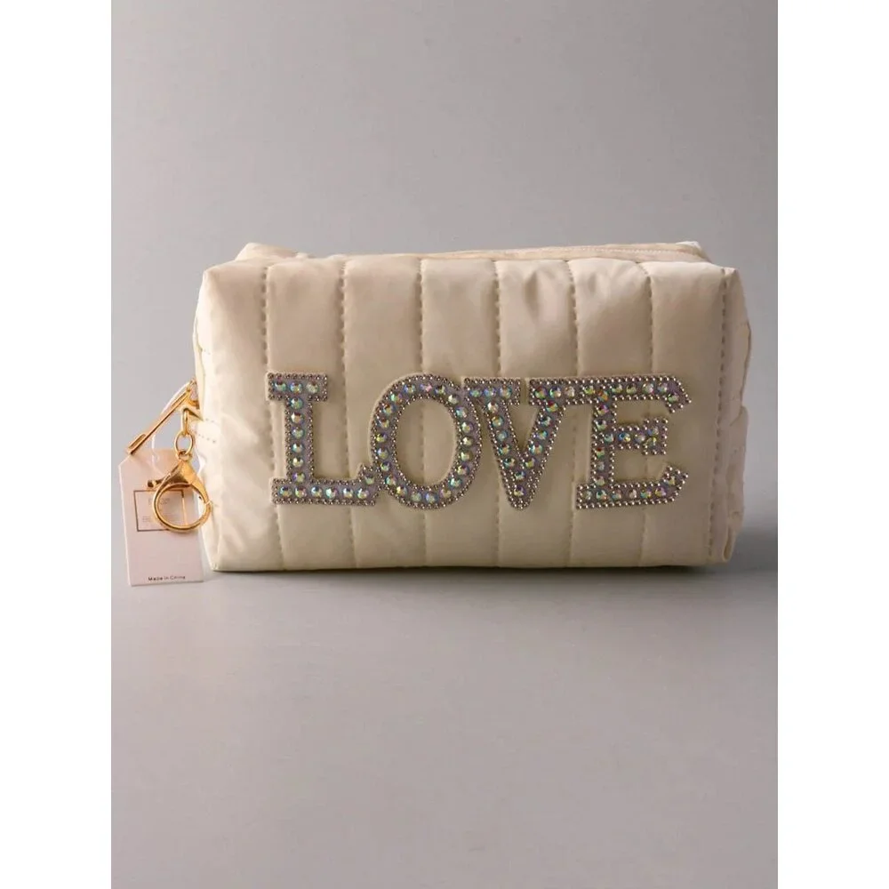 Cosmetic Bag 10 x 4 Quilted White Rhinestone Love Makeup Travel Toiletry Pouch